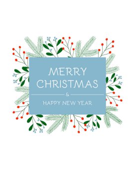 Kış bitkileri ve böğürtlenlerle dolu Noel tebrik kartı. Ökseotu, çam dalı ve beyaz arka planda böğürtlen. Mutlu Noeller ve mutlu yıllar..