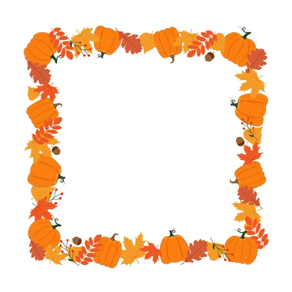 Quadratischer Herbstrahmen. Kürbisse, Blätter, Beeren und Eicheln. Hintergrund für herbstliche Dekoration — Stockvektor
