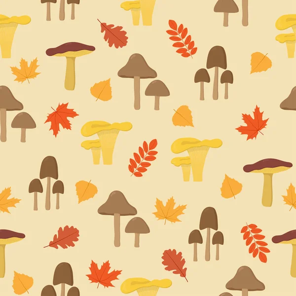 Гриб безшовний візерунок. Барвисті гриби та осіннє листя на рожевому фоні. Творча осіння текстура для тканини, обгортання, текстилю, шпалер, одягу . — стоковий вектор