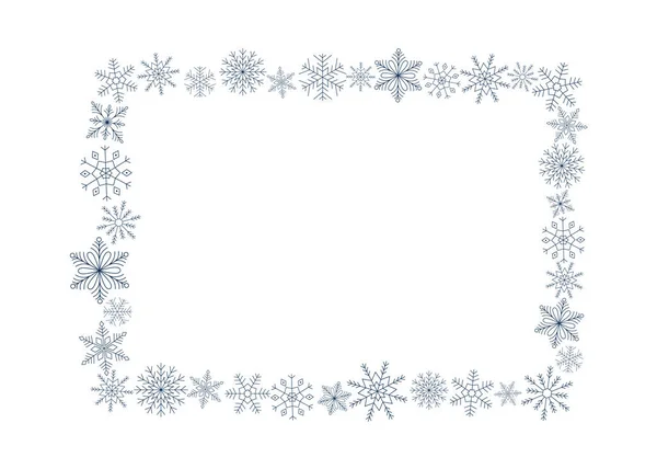 Marco rectangular de copos de nieve azules. Arte de línea. Cristal de hielo símbolo de invierno. Plantilla para diseño de invierno. — Vector de stock