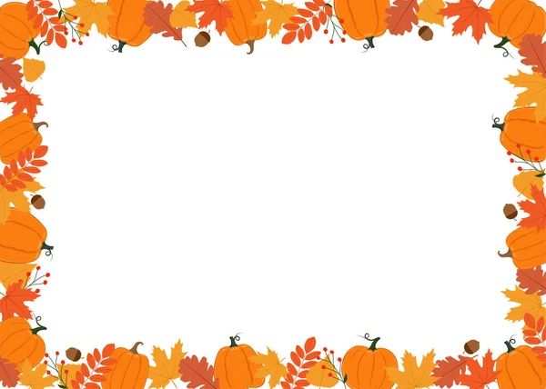 Horizontaler Herbstrahmen. Kürbisse, Blätter, Beeren und Eicheln. Hintergrund für herbstliche Dekoration — Stockvektor