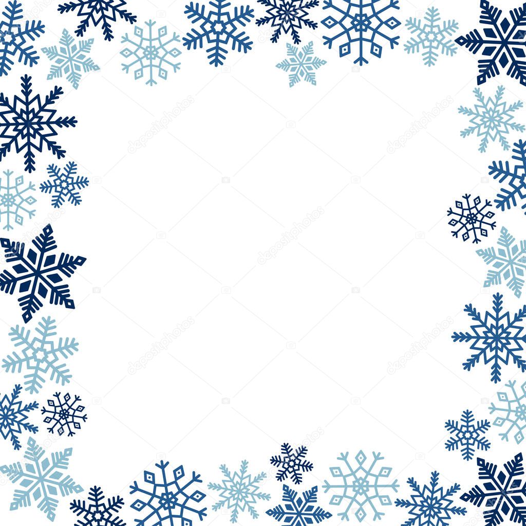 Frame of blue snowflakes. Ice crystal winter symbol. Template for winter design. 