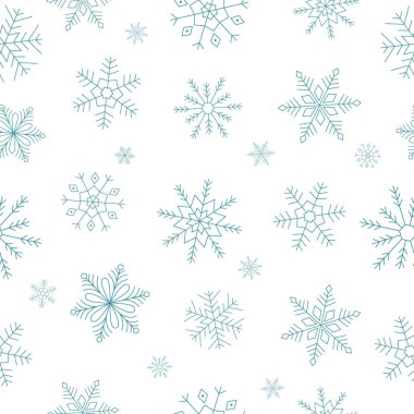 Kar taneleri pürüzsüz desenli. Beyaz arka planda mavi kar taneleri. Çizgi çalışması. Kış tasarımı için arkaplan. 