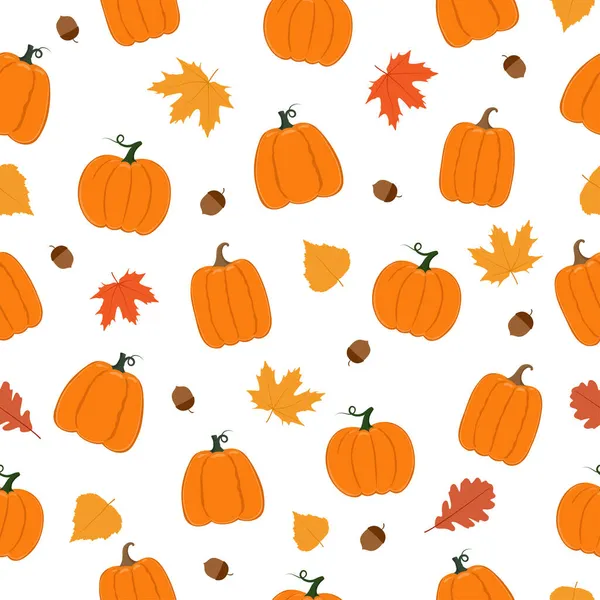 Podzimní plynulý vzor. Dýně, listí, žaludy na bílém pozadí. Pozadí pro podzimní dekorativní design — Stockový vektor