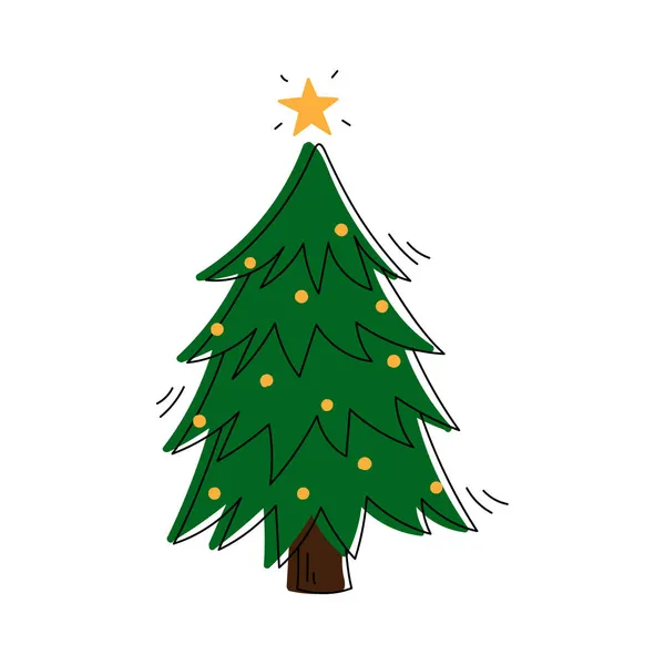 Grüner Weihnachtsbaum mit Dekoration. Kiefer. Linienkunst. Doodle-Stil. — Stockvektor