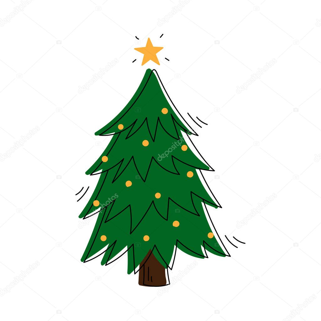 Green Christmas tree with decoration. Pine tree. Line art. Doodle style. 