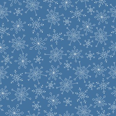 Kar taneleri pürüzsüz desenli. Mavi arka planda beyaz kar taneleri. Çizgi çalışması. Kış tasarımı için arkaplan. 