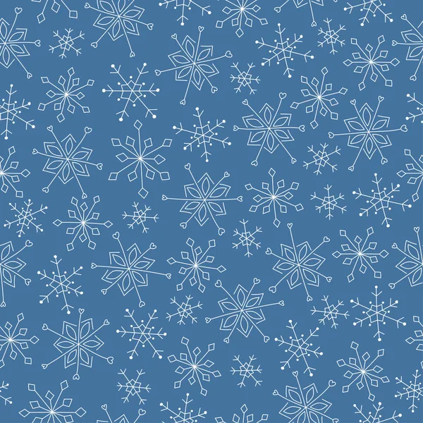 Sneeuwvlokken naadloos patroon. Witte doodle sneeuwvlokken op blauwe achtergrond. Lijnkunst. Achtergrond voor winterontwerp. — Stockvector