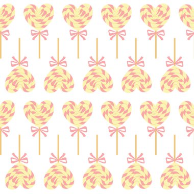 Renkli kalbin kusursuz deseni. Pembe kurdeleli lolipop şeklinde. Sevgililer Günü için arka plan, doğum günü partisi, davetiye. 