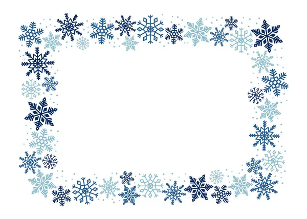 Marco rectangular de copos de nieve azules. Cristal de hielo símbolo de invierno. Plantilla para diseño de invierno. — Vector de stock