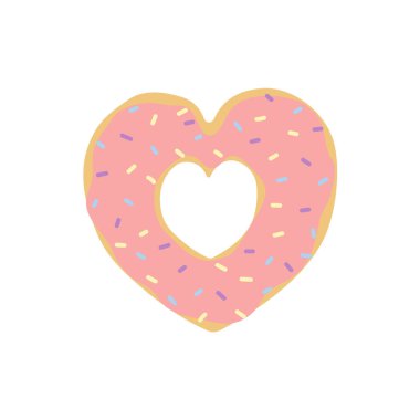 Şirin pembe karikatür kalp şeklinde donut. Sevgililer Günü tebrik kartları, parti davetiyeleri, posterler ve baskılar için şablon. 