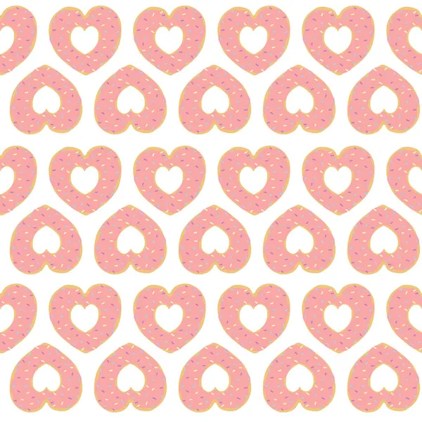 Donut seamless pattern. Cute pink cartoon heart shaped donut. Background for valentines day greeting cards, party invitations, posters and prints. — Stock Vector