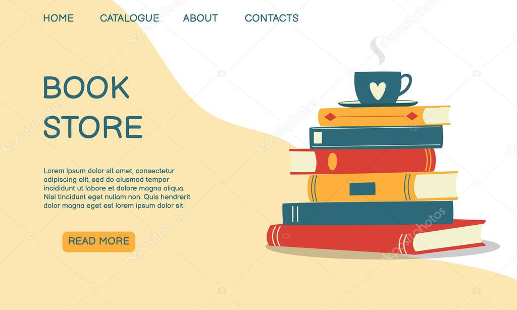 Book store landing page. Stack of colorful books and cup with saucer. Doodle style. 