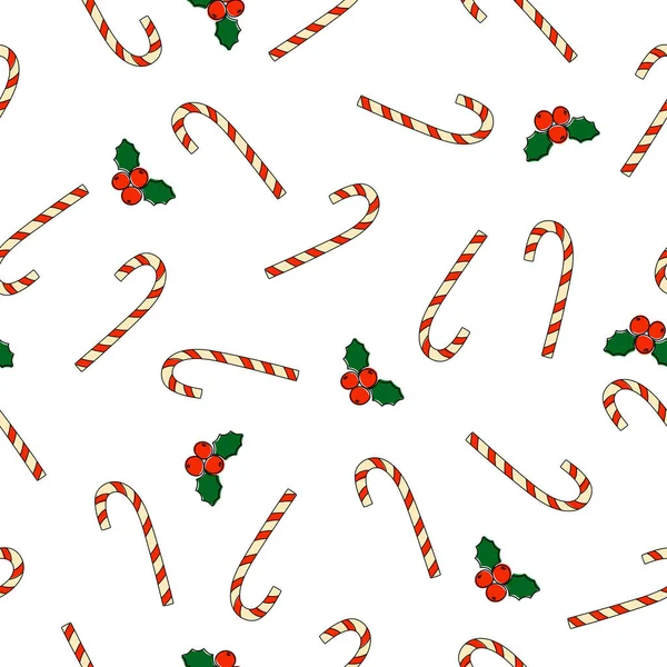 Різдвяна цукеркова тростина і Холлі безшовний візерунок. Стиль Додл. Лінійне мистецтво. Фон для вітальних листівок на Різдво та Новий рік . — стоковий вектор