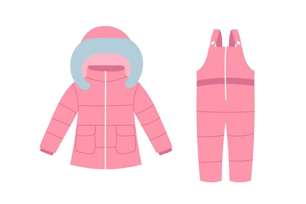 ピンクの冬のコートと子供のための全体 暖かい服の要素 馬鹿なスタイルだ 分離ベクトル図 — ストックベクタ