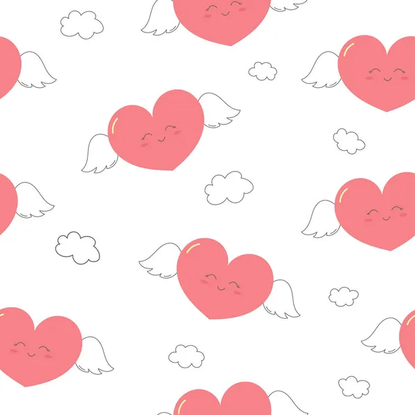Niedlichen Lächelnden Herzen Mit Flügeln Nahtlose Muster Hintergrund Für Valentinstagsgrüße — Stockvektor