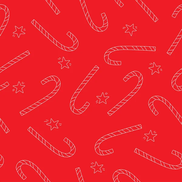 Weihnachten Zuckerrohr Und Sterne Nahtlose Muster Doodle Stil Linienkunst Hintergrund — Stockvektor