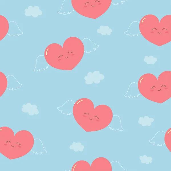 Cute Smiling Hearts Wings Seamless Pattern Pink Hearts Blue Background — Stock Vector