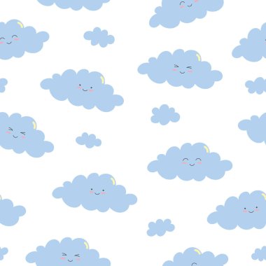 Şirin, gülen bulutsuz desen. Çizgi film karakteri düz stil. Vektör illüstrasyonu