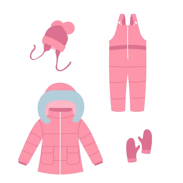 赤ちゃんの冬服のセット ピンクの冬のコート 子供のためのミトン 暖かい服の要素 馬鹿なスタイルだ 分離ベクトル図 — ストックベクタ