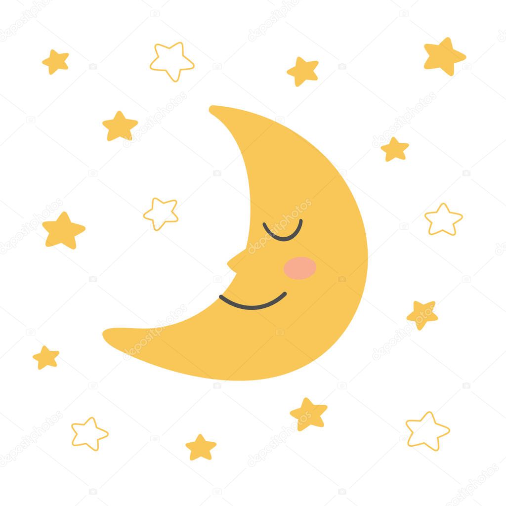 Sleepy moon and stars. Doodle style. Template for baby room decoration, print, banner and fabric. Isolated vector illustration 