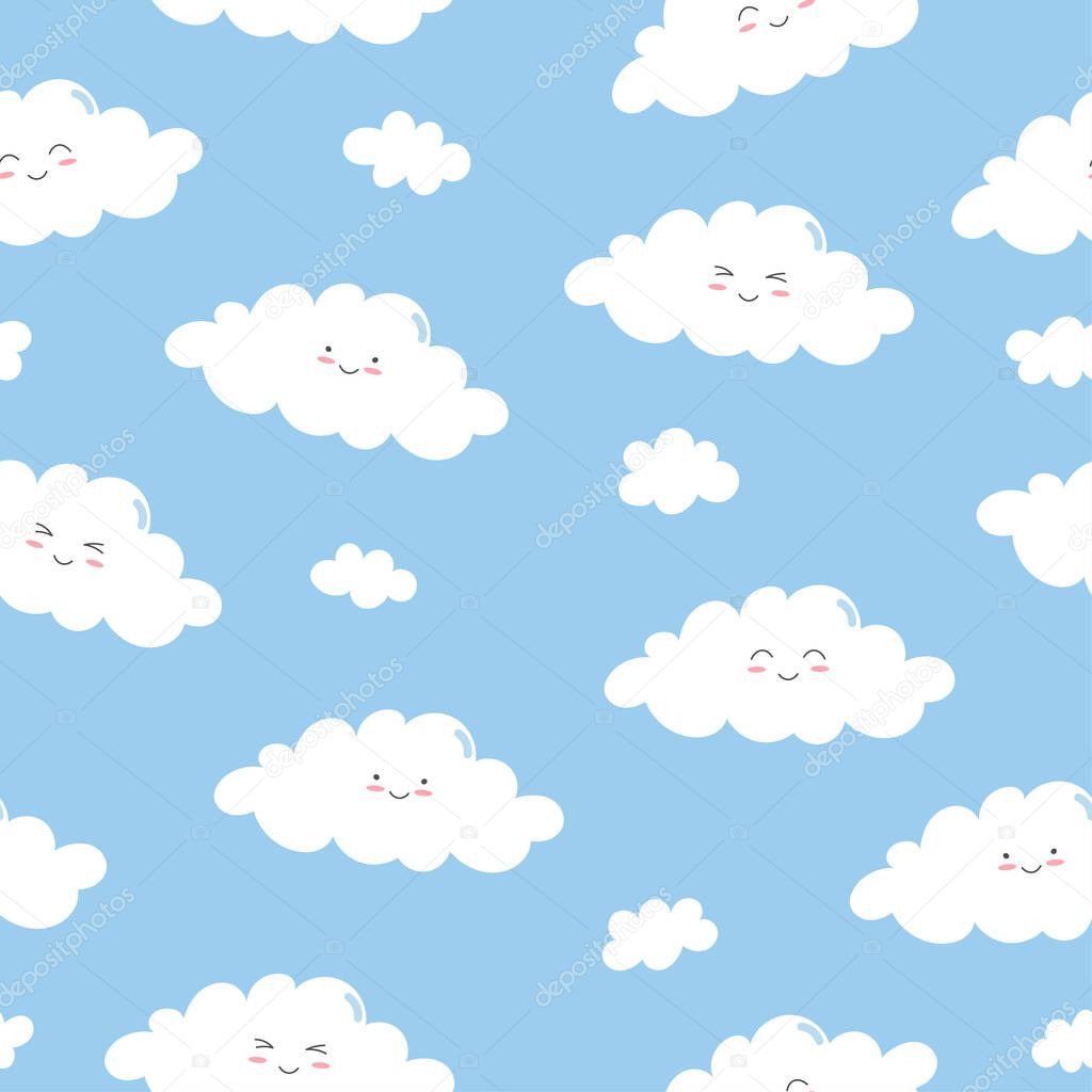 Seamless pattern of white smiling clouds on blue background. Cartoon character in flat style. Vector illustration