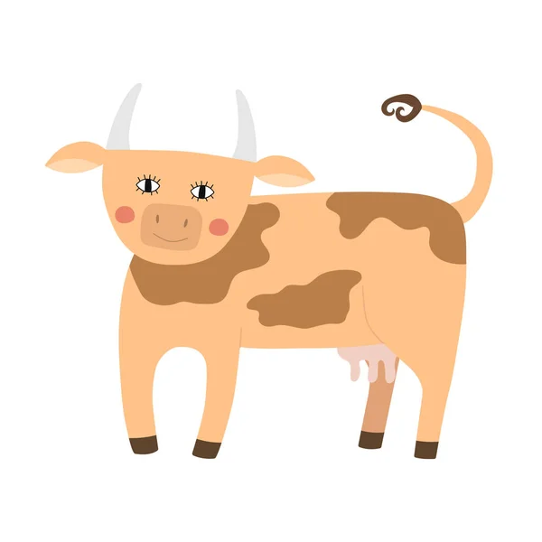 Mignonne Vache Tient Sur Quatre Jambes Drôle Animal Domestique Illustration — Image vectorielle