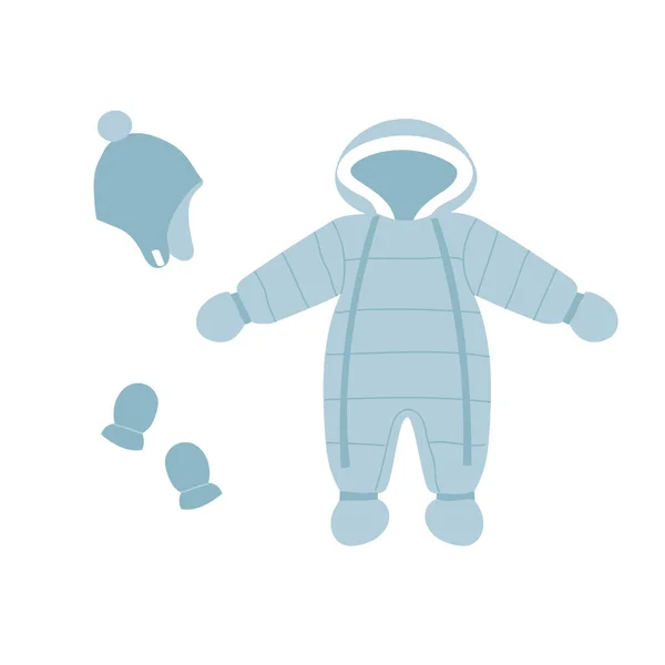 冬の青い赤ちゃんは全体的に 冬の帽子とミトン フード付きのフラットスタイルの雪のスーツ 赤ちゃん服 分離ベクトル図 — ストックベクタ