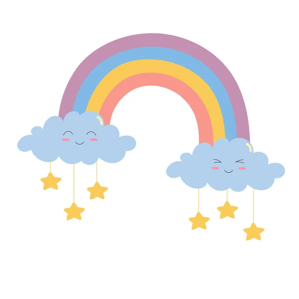 Leuke Glimlachende Wolken Met Sterren Regenboog Doodle Stijl Geïsoleerde Vectorillustratie — Stockvector