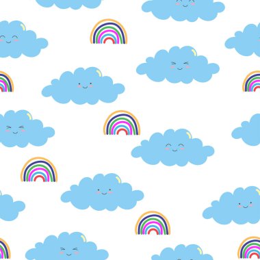 Beyaz arka planda mavi, gülümseyen bulutların ve gökkuşağının kusursuz deseni. Çizgi film karakteri düz stil. Vektör illüstrasyonu