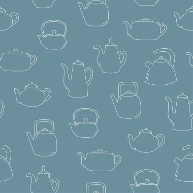 Kusursuz çizgili sanat çaydanlığı deseni. Mavi arka planda beyaz nesneler. Mutfak aletleri. Doodle tarzı. 