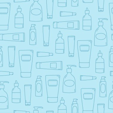 Kozmetik ürünler kusursuz desen. Çizgi resim karalama şişeleri ve mavi arka planda tüpleri. Cilt ürünleri. Vektör illüstrasyonu