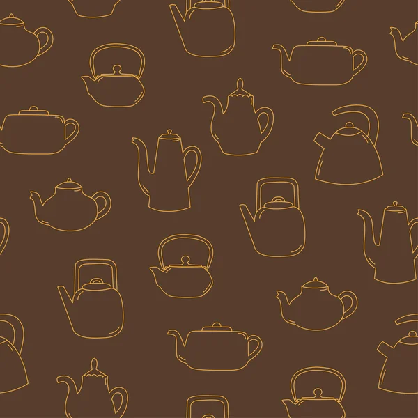 Seamless Pattern Line Art Teapot Yellow Objects Brown Background Kitchen — Stock Vector