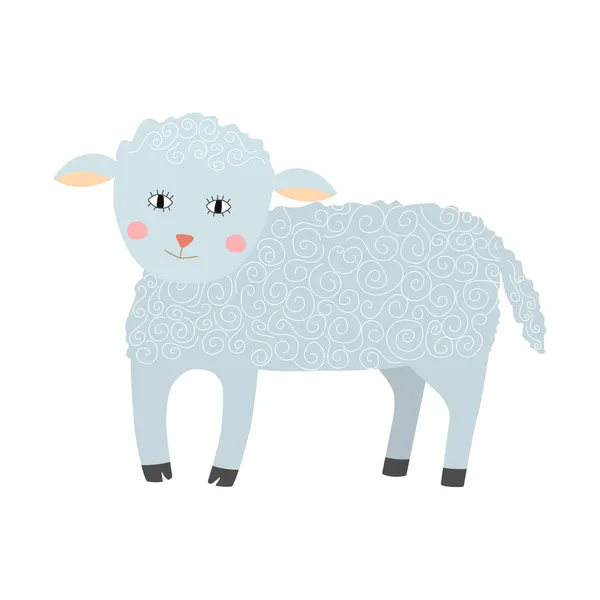 Roztomilé ovce stojí na čtyřech nohách. Vtipné domácí zvíře. Dětská vektorová ilustrace v plochém stylu. — Stockový vektor