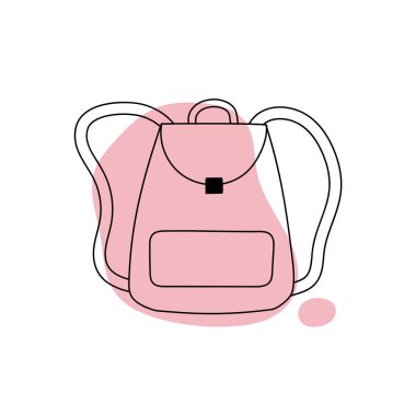 Sıradan bir sırt çantası ve soyut pembe bir şekil. Küçük cebi olan deri bir sırt çantası. Kadın sırt çantası karalama stili. İzole vektör illüstrasyonu. 