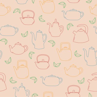Kusursuz çizgili sanat çaydanlığı ve yaprakları. Pembe arka planda renkli nesneler. Mutfak aletleri. Doodle tarzı. Vektör illüstrasyonu