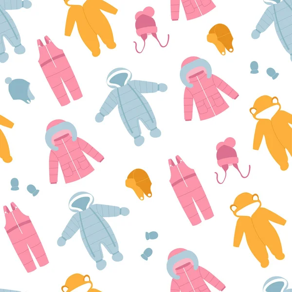 赤ちゃんの冬服のシームレスなパターン カラフルな冬のコート 雪のスーツ ジャンプスーツ 帽子とミトン 馬鹿なスタイルだ ベクターイラスト — ストックベクタ