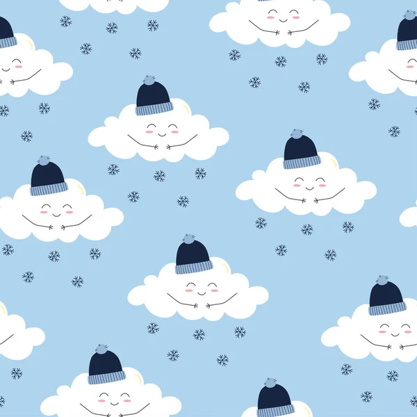 Seamless Pattern White Smiling Clouds Hat Snowflakes Blue Background Cartoon — Stock Vector