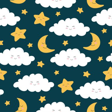 Renkli gülümseyen bulutların kusursuz deseni, koyu mavi arka planda ay ve yıldızlar. Çizgi film karakteri düz stil. Vektör illüstrasyonu