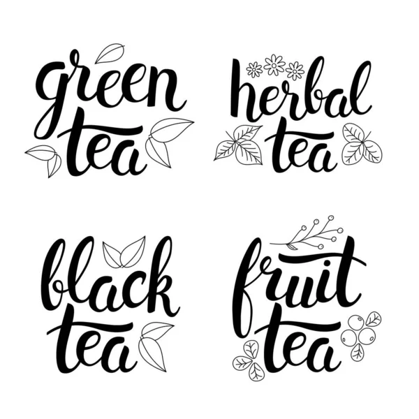 Zestaw Fraz Pisania Herbaty Herbata Ziołowa Herbata Owocowa Zielona Herbata — Wektor stockowy