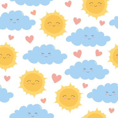Renkli gülümseyen bulutların kusursuz deseni, beyaz arka planda güneş ve kalpler. Çizgi film karakteri düz stil