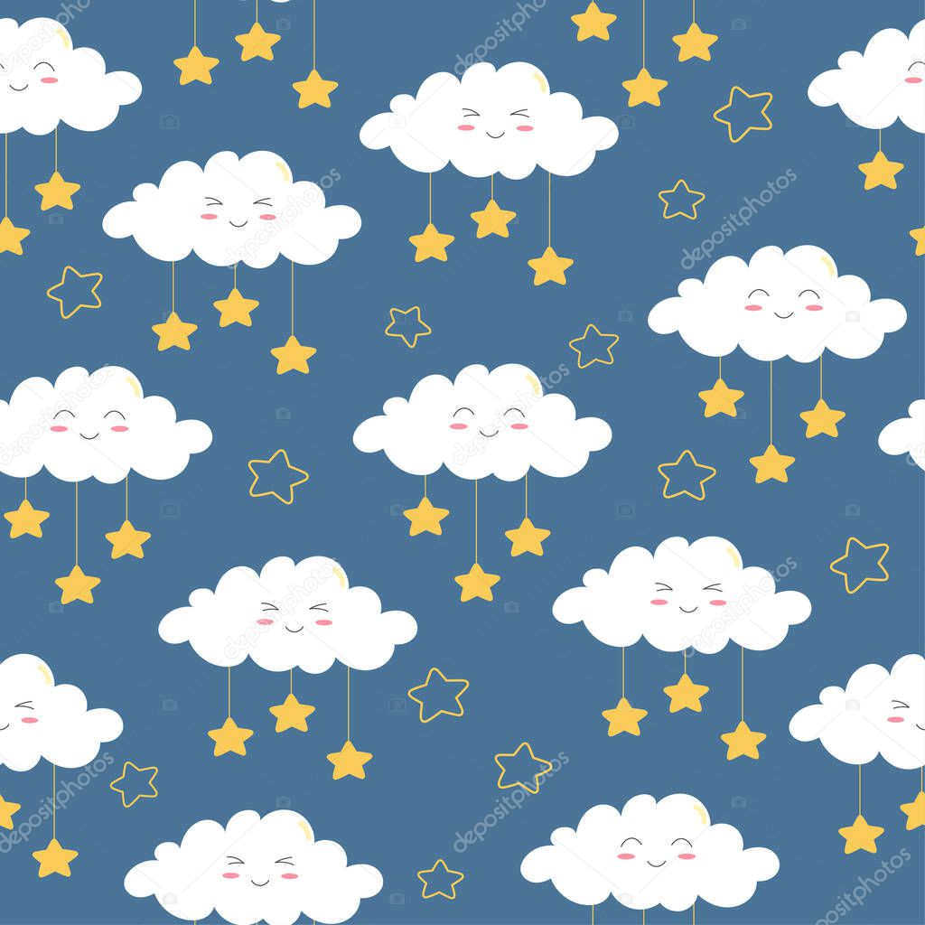 Seamless pattern of smiling clouds and stars on blue background. Cartoon character in flat style.
