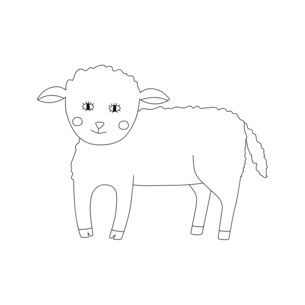可爱的线条艺术羊用四条腿站立 有趣的家畜涂鸦风格的童话般矢量插图 — 图库矢量图片