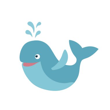 Gülen balina çizgi filmi. Deniz canlısı hayvan. Çıkartmalar, bebek partisi, tebrik kartları ve davetiyeler için şablon. 