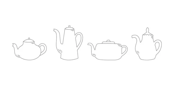 Ensemble Théières Art Ligne Ustensiles Cuisine Doodle Style Plat Illustration — Image vectorielle