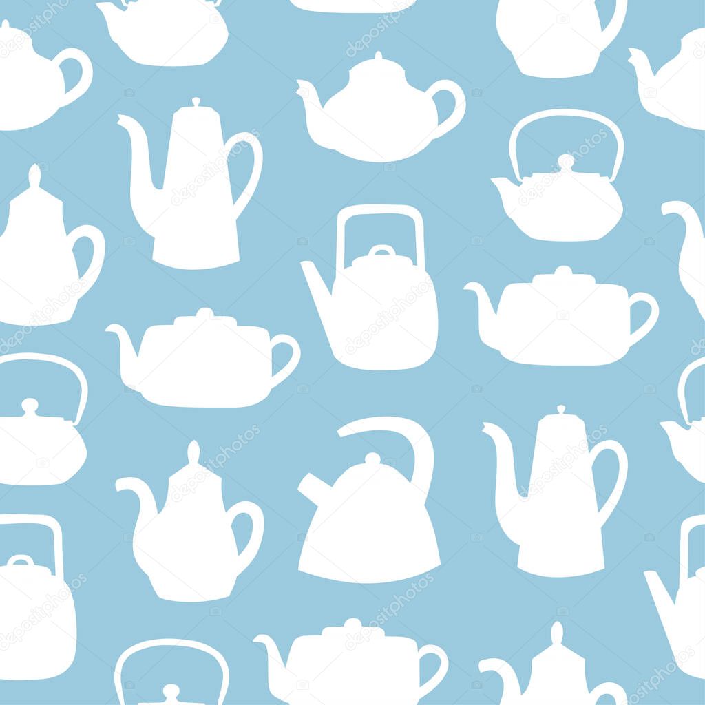 Teapots and kettles seamless pattern. White objects on blue background. Kitchen utensil background. Doodle style.