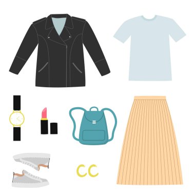 Kadın giysi seti. Şık ve modaya uygun kadın kıyafetleri ve aksesuarları. Gündelik görünüş.