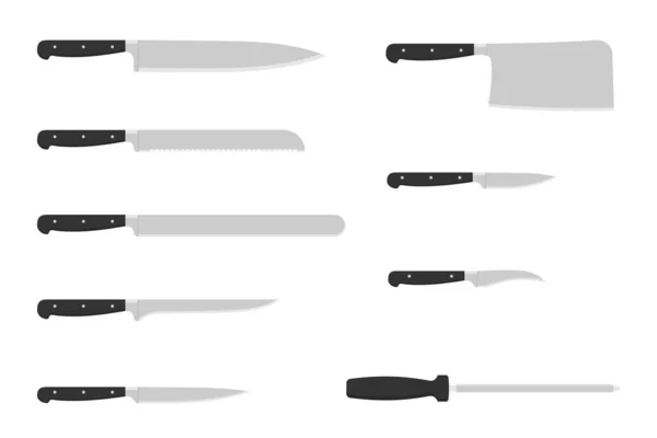 Set Various Kitchen Knives Black Handle Kitchen Utensil Flat Style — Stock Vector