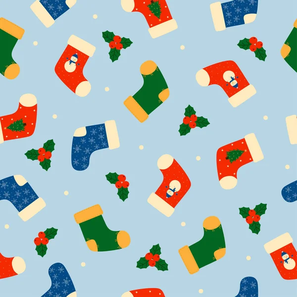 色彩斑斓的圣诞袜和冬青的无缝图案 涂鸦的风格 圣诞节背景 — 图库矢量图片
