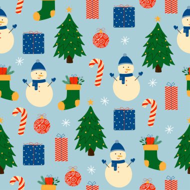 Kusursuz bir Noel deseni. Mavi arka planda sevimli renkli kış elementleri